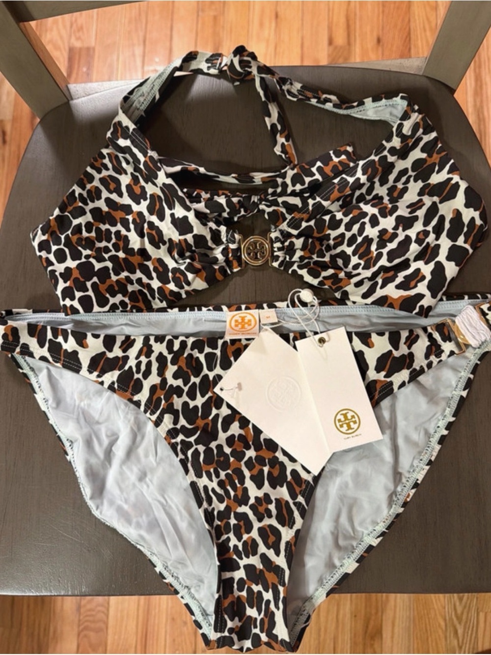 Tory Burch Leopard-Print Bikini Set in Black, Brown & Cream with Gold Logo